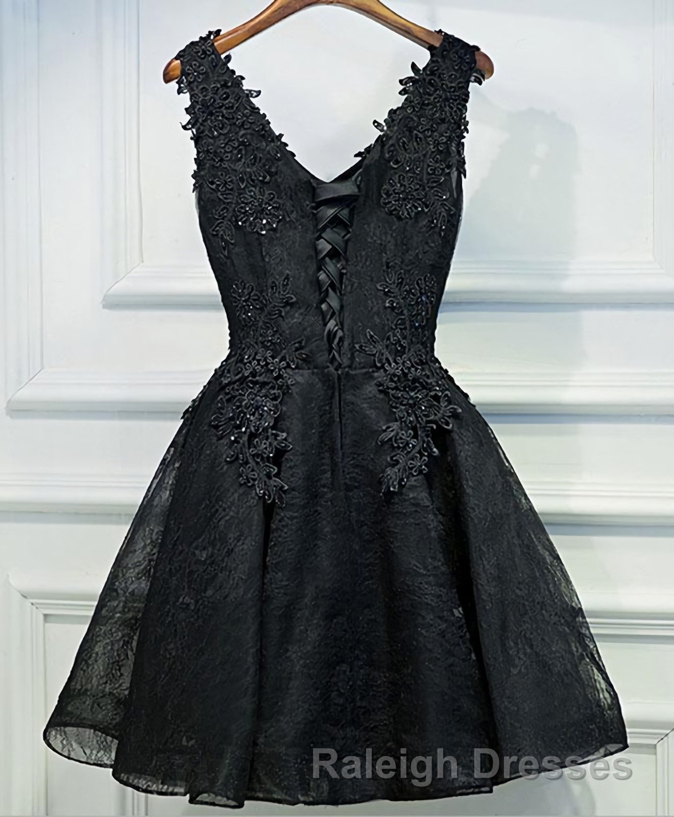 Black V Neck Lace Short Prom Dress, Homecoming Dresses, Homecoming Dresses