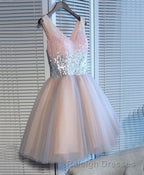 Cute Pink V Neck Tulle Seqsuins Short Prom Dress, Cocktail Dress