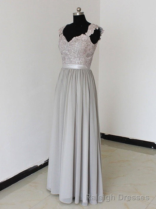 Elegant A-Line Chiffon Silver Long Bridesmaid Dress with Lace Appliques Main image