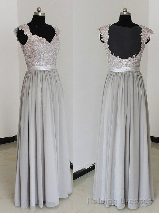 Elegant A Line Chiffon Silver Long Bridesmaid Dress with Lace Appliques