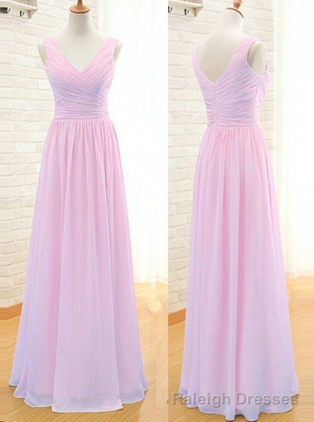 Simple A Line V Neck Floor Length Pink Chiffon Bridesmaid Dress Main image