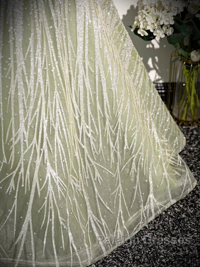 Sage A-Line Off The Shoulder Glittering Tulle Sequins Long Prom Dress Sweet 16 Dress