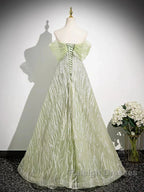 Sage A-Line Off The Shoulder Glittering Tulle Sequins Long Prom Dress Sweet 16 Dress