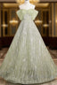 Sage A-Line Off The Shoulder Glittering Tulle Sequins Long Prom Dress Sweet 16 Dress