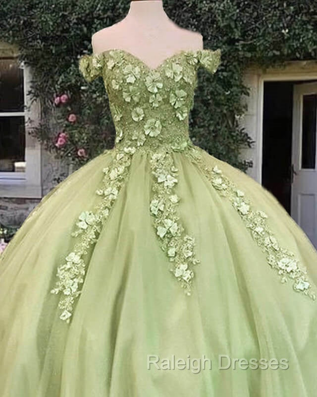 Sage Ball Gown 3D Flowers Off The Shoulder Dress Secondary image