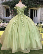 Sage Ball Gown 3D Flowers Off The Shoulder Dress