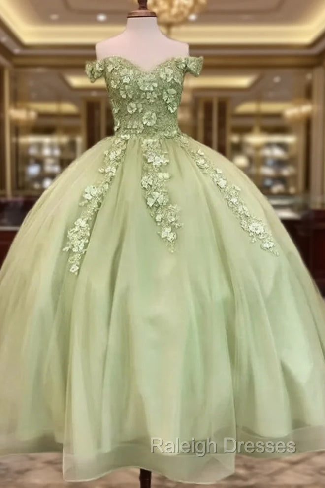 Sage Ball Gown 3D Flowers Off The Shoulder Dress Main image