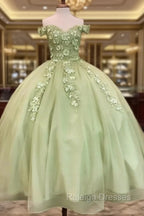 Sage Ball Gown 3D Flowers Off The Shoulder Dress