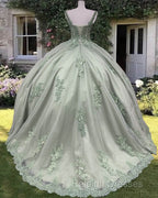Sage Corset Ball Gown Appliques Tulle Dress