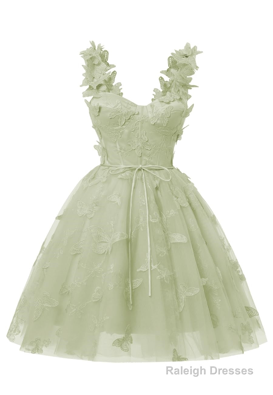 Sage Green 3D Butterfly Lace Applique Tulle Homecoming Dress for Teens Sweetheart Mini Short Prom Dresses Secondary image