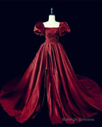 Sage Green Ball Gown Prom Dresses Puffy Sleeve Leg Split