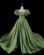 Sage Green Ball Gown Prom Dresses Puffy Sleeve Leg Split