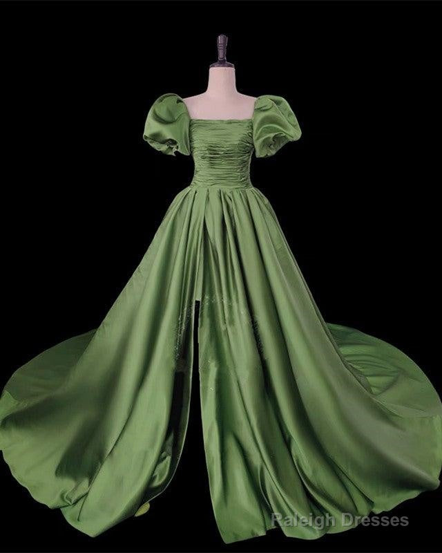 Sage Green Ball Gown Prom Dresses Puffy Sleeve Leg Split