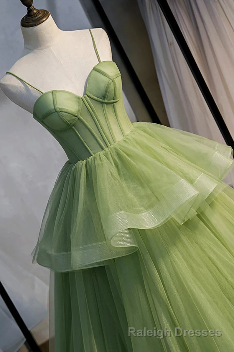 Sage Green Corset Long Prom Dress, Long Green Tulle Prom Dress