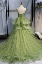 Sage Green Corset Long Prom Dress, Long Green Tulle Prom Dress
