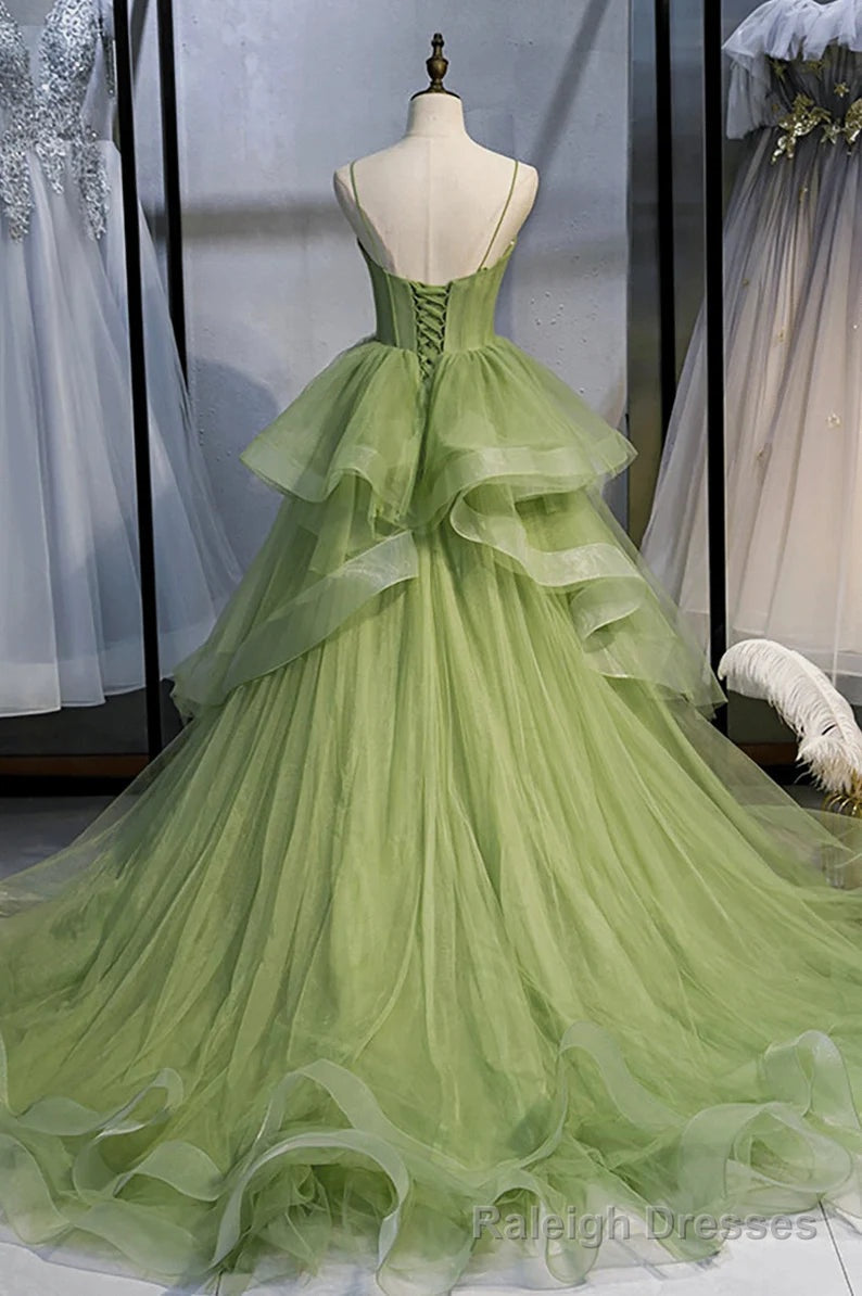 Sage Green Corset Long Prom Dress, Long Green Tulle Prom Dress