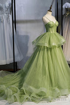 Sage Green Corset Long Prom Dress, Long Green Tulle Prom Dress