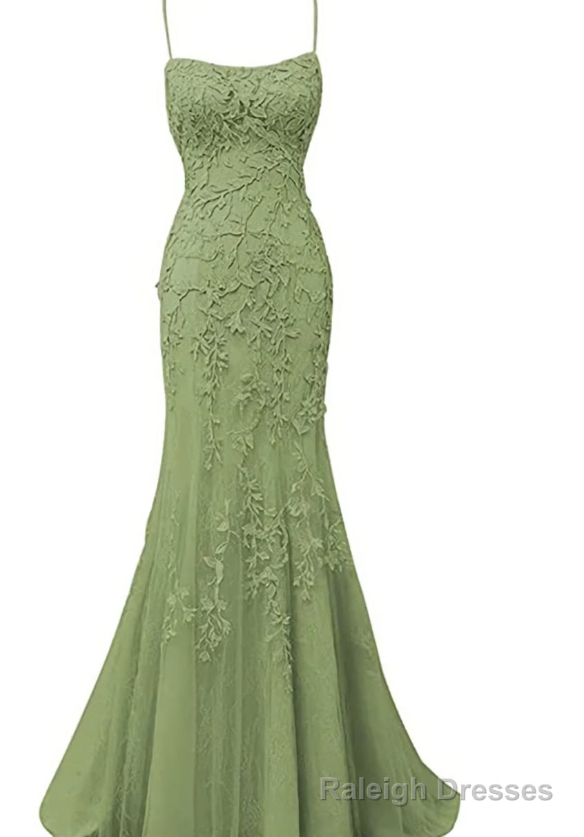 Sage Green Lace Appliques Long Prom Dress Mermaid Spaghetti Straps Prom Dresses Main image