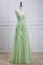 Sage Green Long Prom Dresses Lace Appliques V Neck Lace-Up