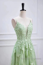 Sage Green Prom Dress Long Lace Appliques V Neck Lace-Up