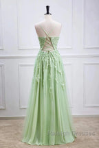 Sage Green Long Prom Dresses Lace Appliques V Neck Lace-Up