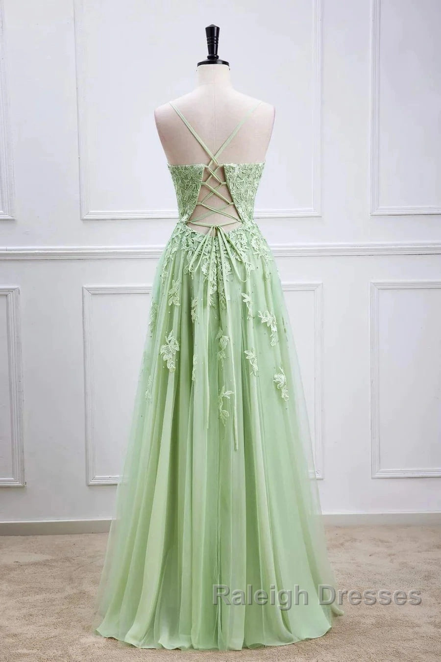 Sage Green Long Prom Dresses Lace Appliques V Neck Lace-Up