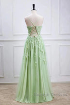 Sage Green Prom Dress Long Lace Appliques V Neck Lace-Up