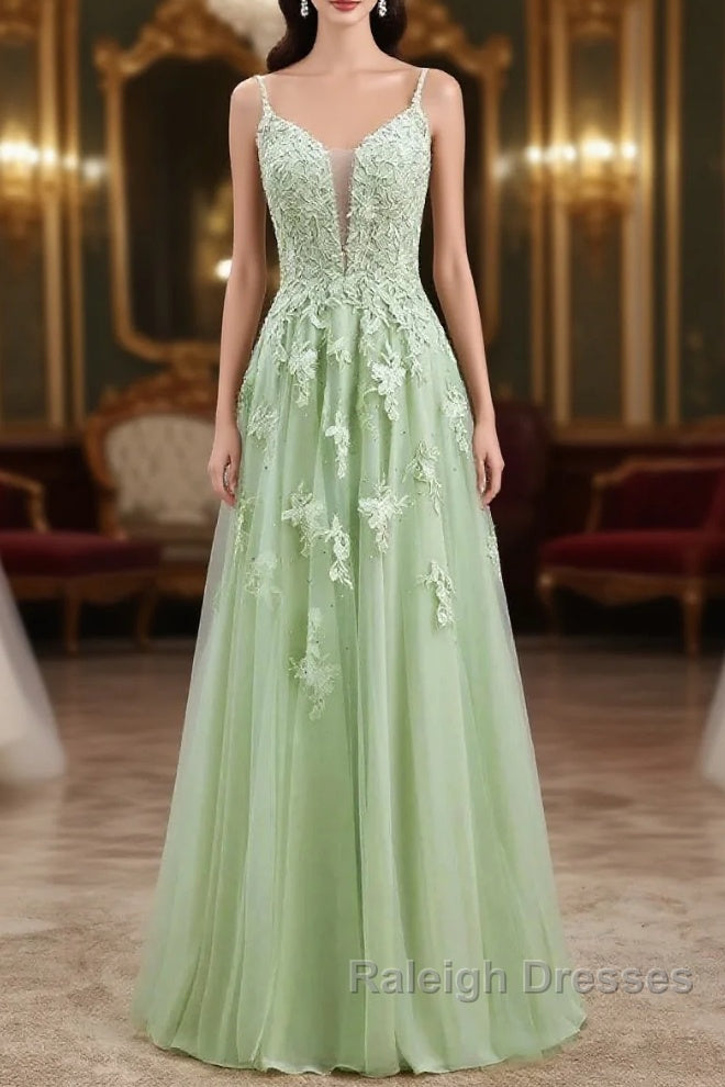 Sage Green Long Prom Dresses Lace Appliques V Neck Lace-Up Main image