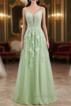 Sage Green Long Prom Dresses Lace Appliques V Neck Lace-Up