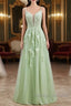 Sage Green Long Prom Dresses Lace Appliques V Neck Lace-Up