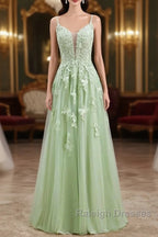 Sage Green Prom Dress Long Lace Appliques V Neck Lace-Up