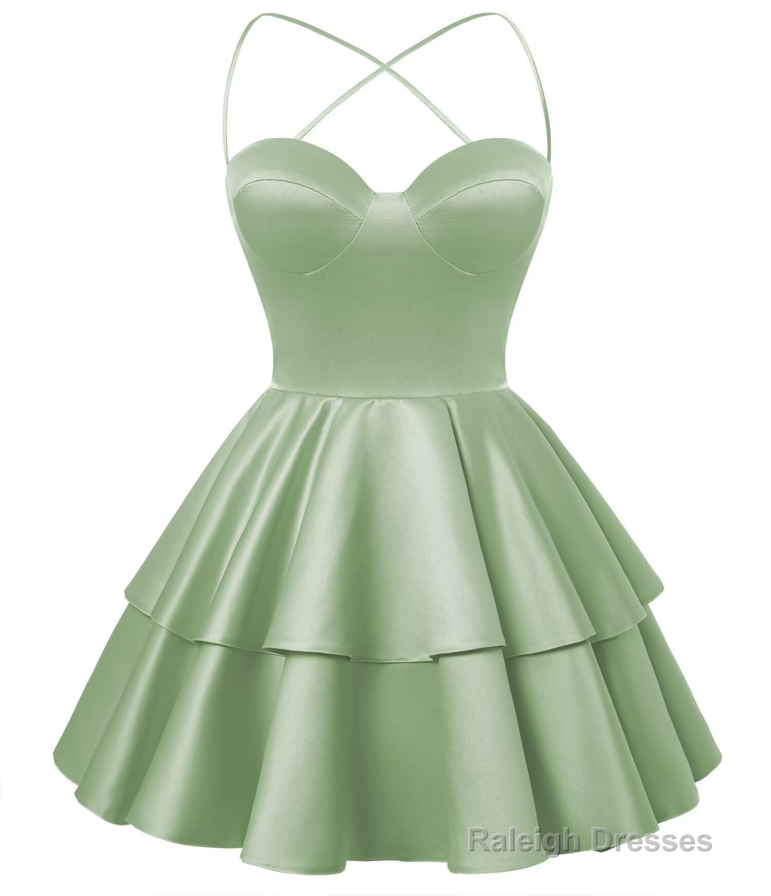 Sage Green Satin Homecoming Dress Sweetheart Neck Tiered Short Graduat