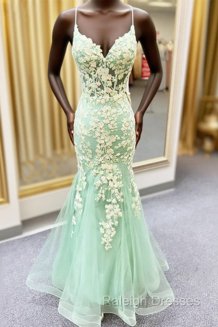 Sage Green Spaghetti Straps Mermaid Prom Dress With Appliques Main image