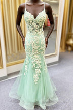 Sage Green Spaghetti Straps Mermaid Prom Dress With Appliques
