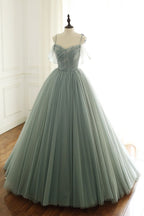 Sage Green Tulle Long Ball Gowns With Spaghetti Straps Sage Green Sweet 16 Dresses Prom Gowns
