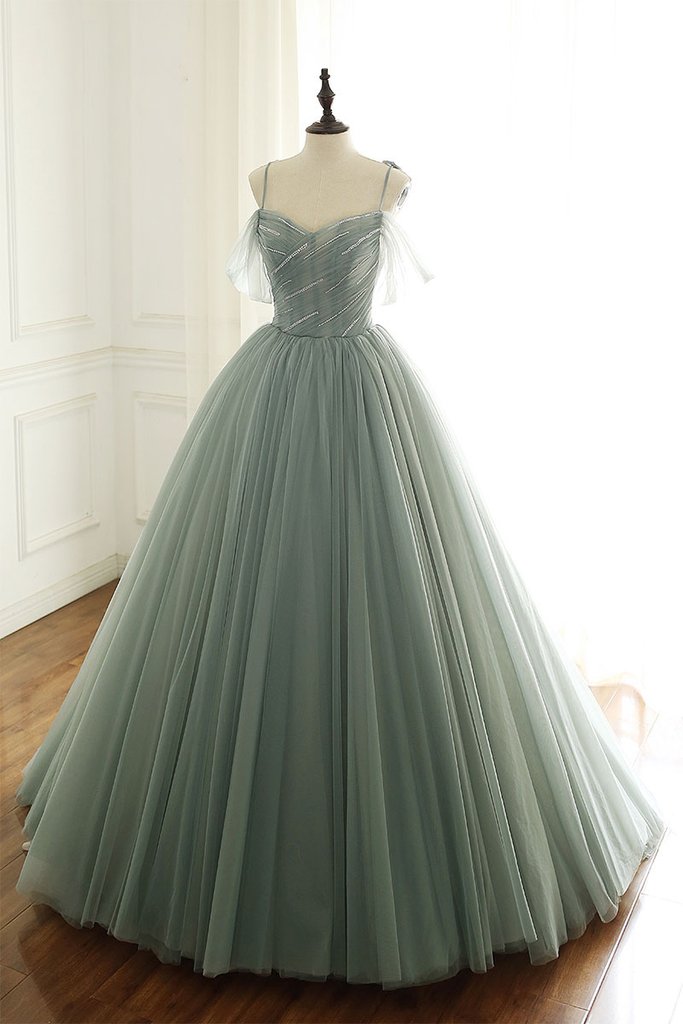 Sage Green Tulle Long Ball Gowns With Spaghetti Straps Sage Green Sweet 16 Dresses Prom Gowns