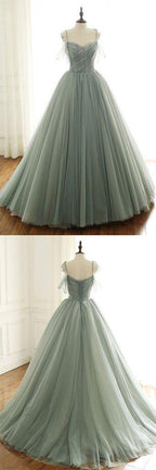 Sage Green Tulle Long Ball Gowns With Spaghetti Straps Sage Green Sweet 16 Dresses Prom Gowns