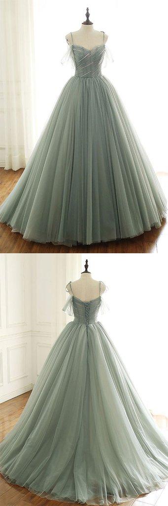 Sage Green Tulle Long Ball Gowns With Spaghetti Straps Sage Green Sweet 16 Dresses Prom Gowns