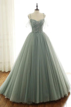 Sage Green Tulle Long Ball Gowns With Spaghetti Straps Sage Green Sweet 16 Dresses Prom Gowns