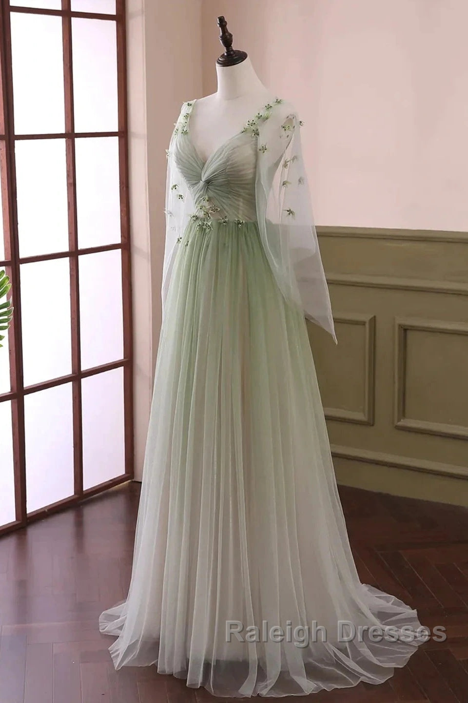 Sage Green Tulle Long Sleeve 3D Flower Prom Dress Secondary image