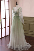 Sage Green Tulle Long Sleeve 3D Flower Prom Dress