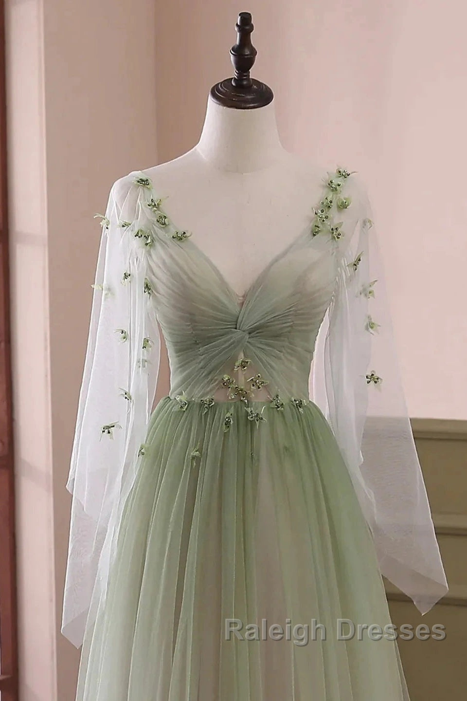 Sage Green Tulle Long Sleeve 3D Flower Prom Dress