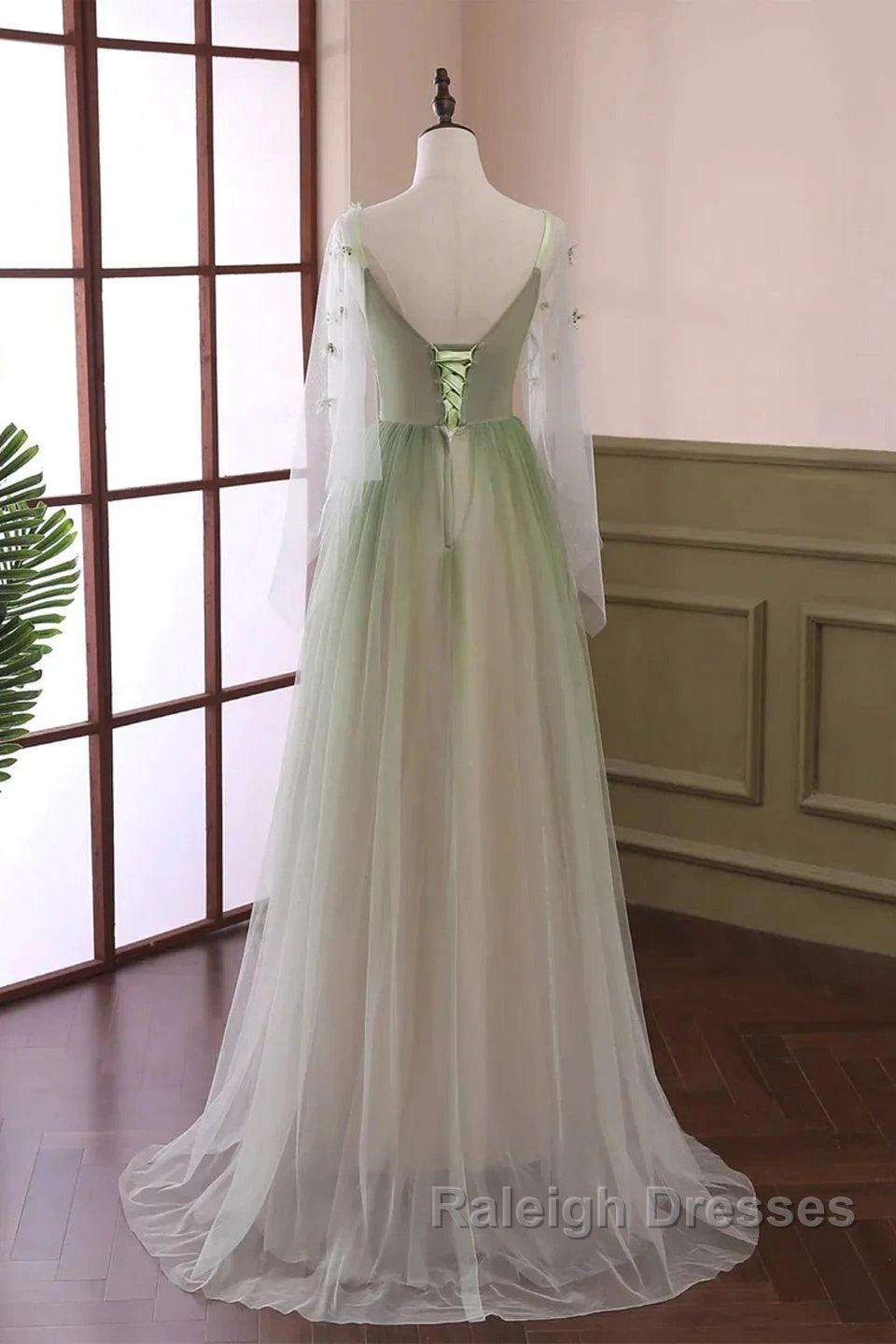 Sage Green Tulle Long Sleeve 3D Flower Prom Dress
