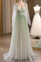 Sage Green Tulle Long Sleeve 3D Flower Prom Dress