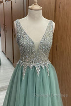 Sage Green Tulle V Neck Beaded Dresses