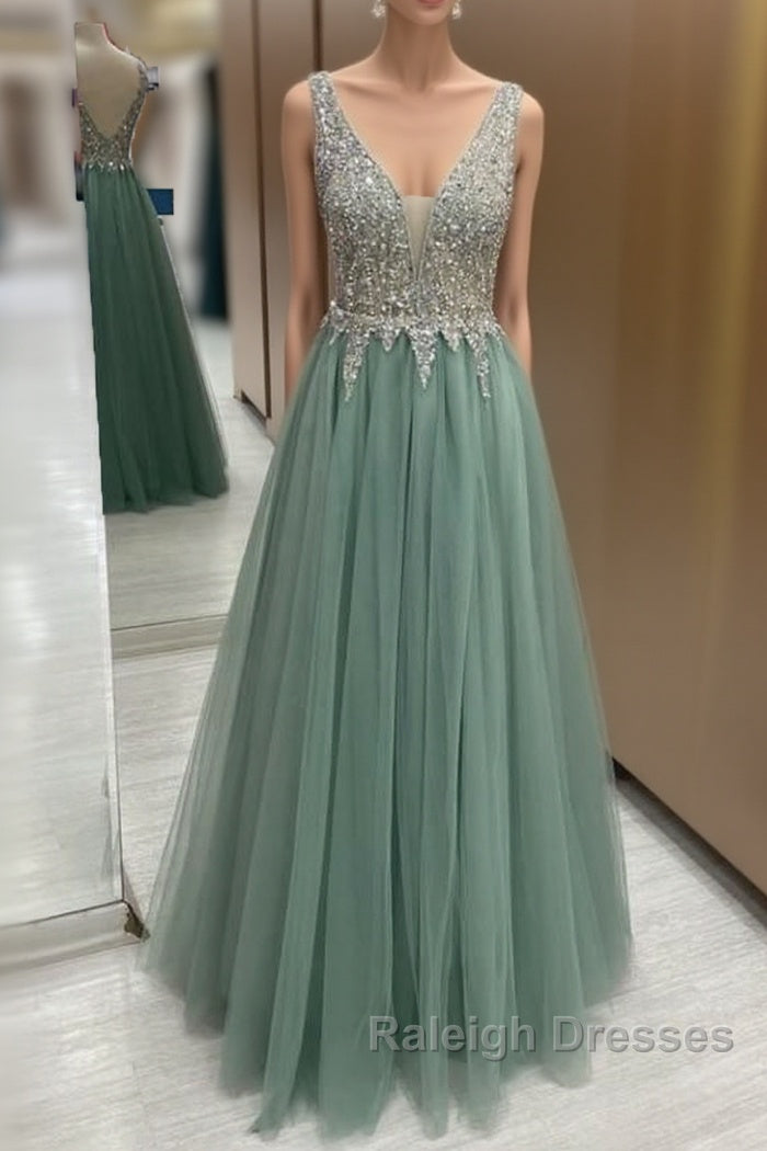 Sage Green Tulle V Neck Beaded Dresses Main image