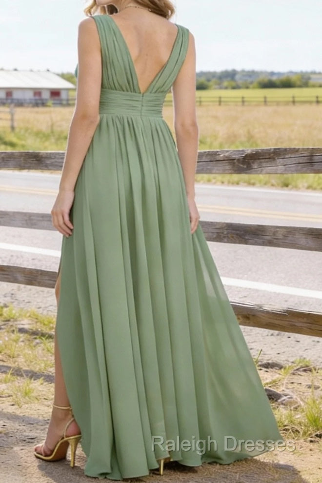 Sage Green V Neck Chiffon Floor Length Bridesmaid Dress Long Bridesmaid Dresses With Pleated Split Secondary image