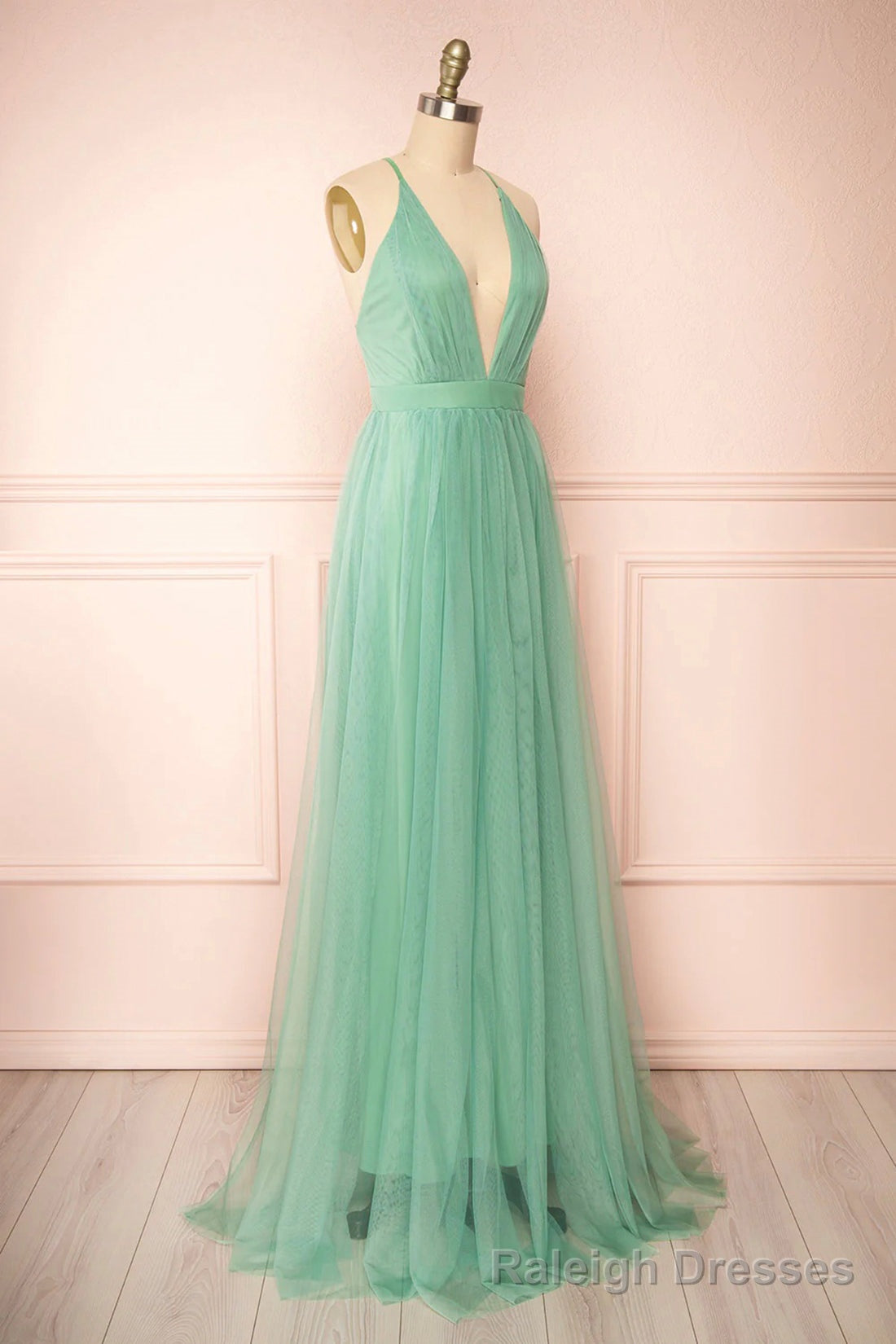 Sage Green V Neck Tulle Long Prom Dress, Simple Backless Prom Dress Main image