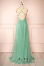 Sage Green V Neck Tulle Long Prom Dress, Simple Backless Prom Dress
