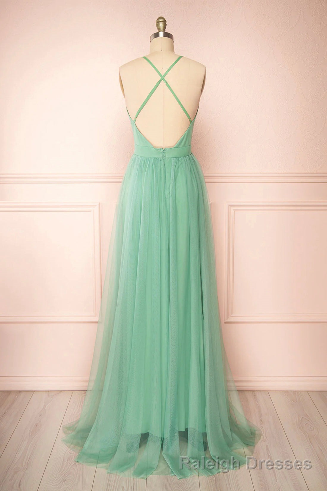 Sage Green V Neck Tulle Long Prom Dress, Simple Backless Prom Dress
